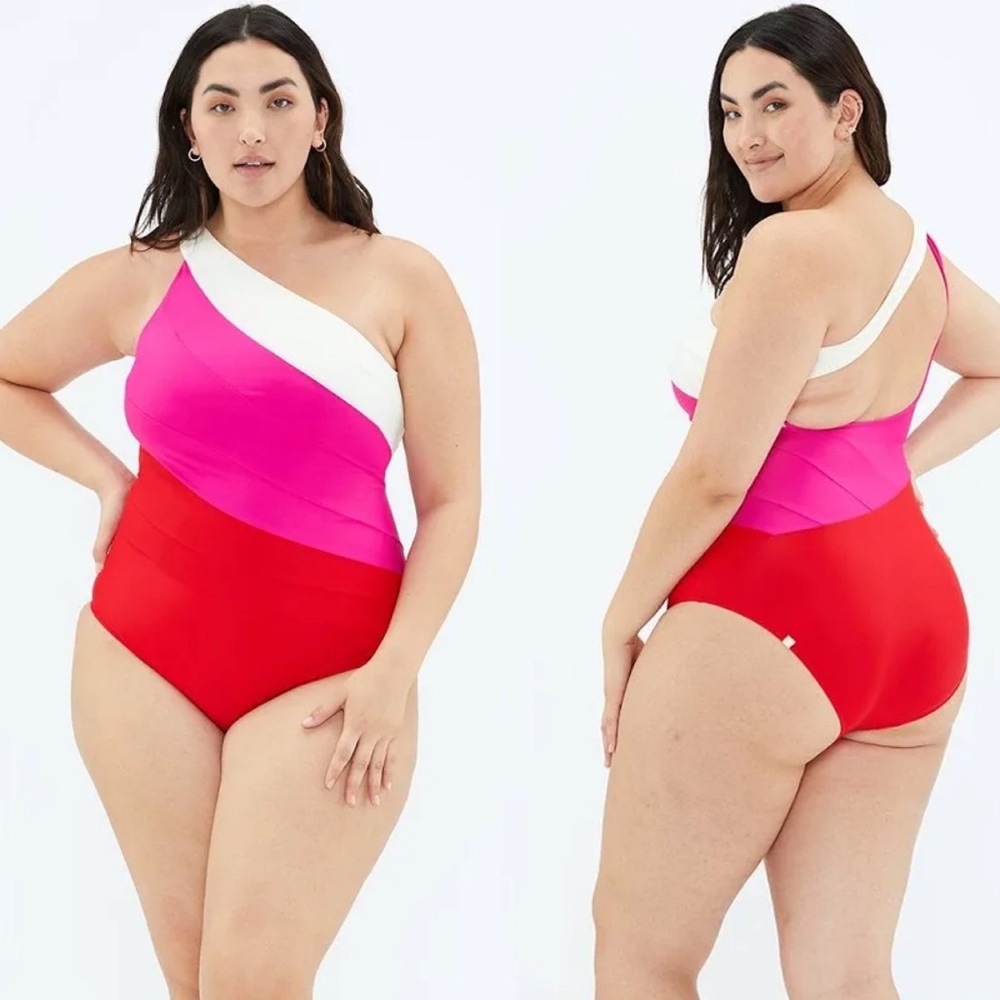 summersalt One-Shoulder Colorblock One-Piece Swimsuit in White, Pink & Red